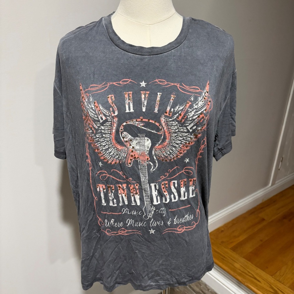 Blended Clothing Nashville Tennessee Graphic T-Shirt Gray Rhinestone Guitar XL